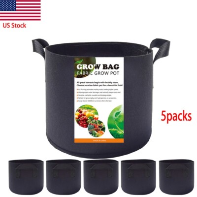 5-Pack Black Grow Bags Aeration Fabric Planter Root Growing Pots w/Handles
