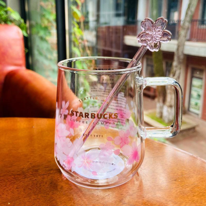 New Starbucks Pink Sakura Color changing Glass Coffee Mug Cup + Flower Stick