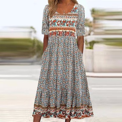Damen Boho Urlaubkleid Printed Strandkleid Sommer Maxikleid Freizeitkleid Blume-