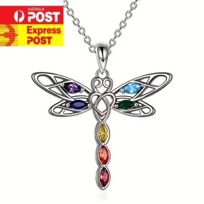 7 Chakra Crystal Dragon Fly Pendant Healing Silver Chain Boho Yoga Necklace