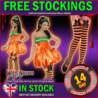 HALLOWEEN SEXY FEVER PUMPKIN + STOCKINGS ORANGE/BLACK + BOW UK 8 10 12 14 16 18