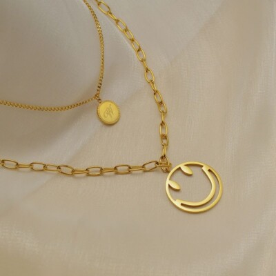 Hollow Smiley Face Stainless Steel Round Letters Double Layered Necklace