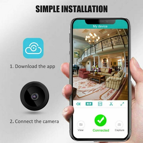 Smartphone app connecting to camera for home surveillance.