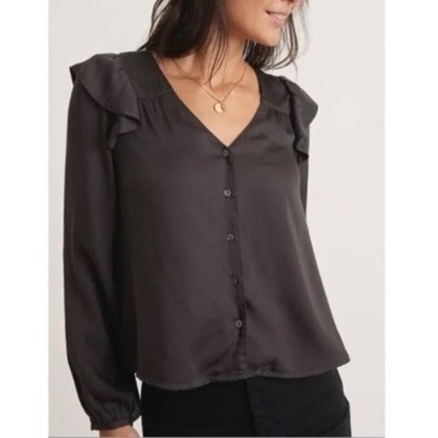 Marine Layer Women's Size XL Rory Long Sleeve Ruffle Charcoal Blouse NEW