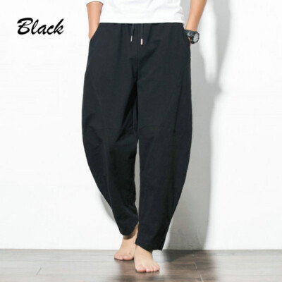 Mens Trousers Harem Pants Cotton Linen Baggy Casual Loose Oversized Yoga Hippy