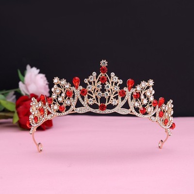 Super Fairy New Princess Sweet Bridal Crown Red Tiara Crystal Toast Clothing Hai