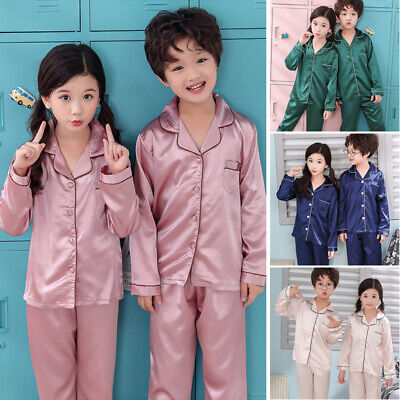 Boys Girls Silk Satin Pajamas Pyjamas Kids Children Sleepwear 2pcs Set Nightwear