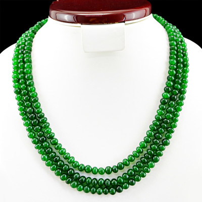 424.00 CTS EARTH MINED RICH GREEN EMERALD 3 STRAND ROUND SHAPED BEADS NECKLACE