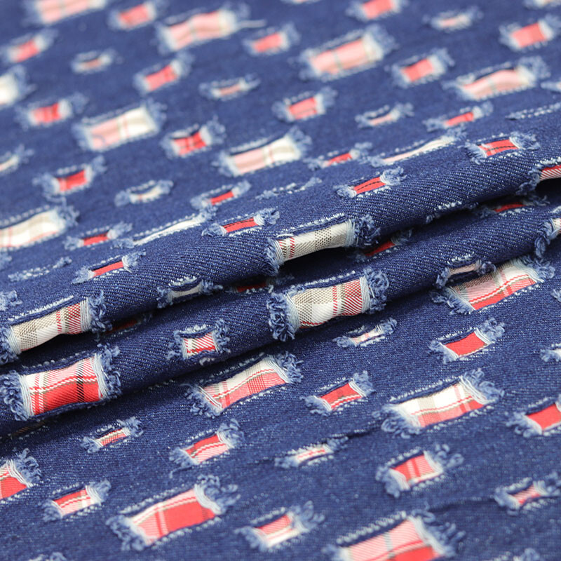 Fai da Te Denim Rosso a Quadri Tessuto Strappate Affliggere Craft per Cappotto