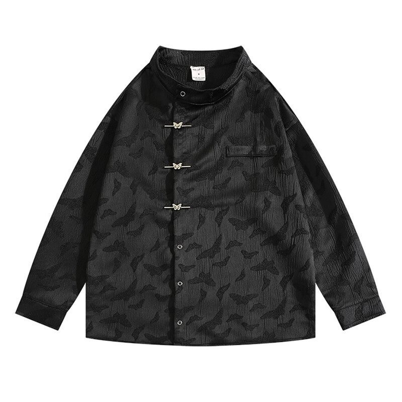 Men Chinese Tang Suit Top Shirt Blouse Butterfly Print Stand Collar Elegant