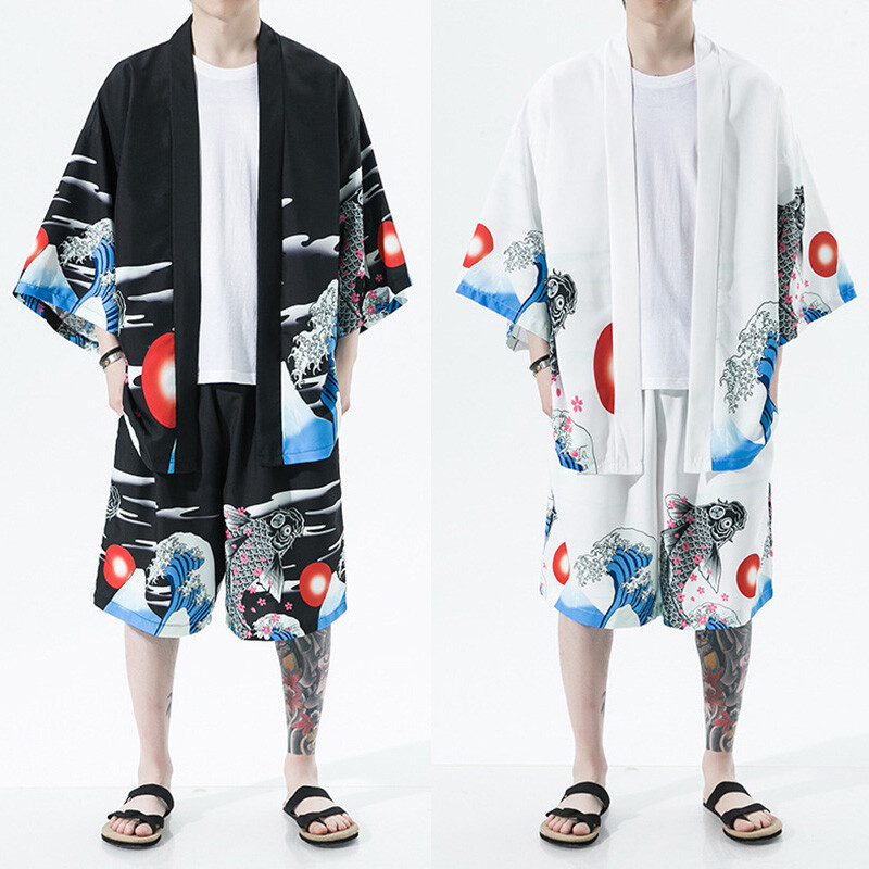 Hommes Chanceux Carpe Koi Kimono Chemise Et Ensemble Short Yukata Haut Demi Mini