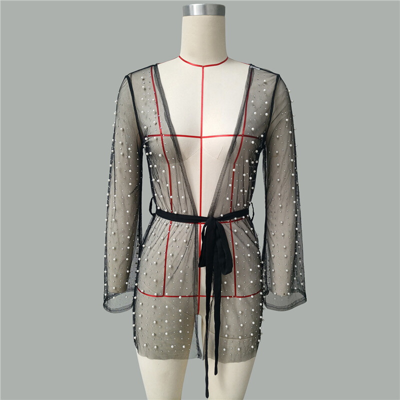 Donna Rete Trasparente Cappotto Giacca Strass Perline Allacciate Sole Protezione