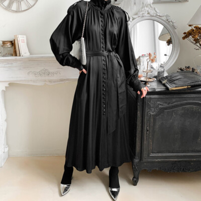Damen Satin Langes Kleid Knopf Zum Schnüren Laterne Arm Hoch Hals Locker Elegant