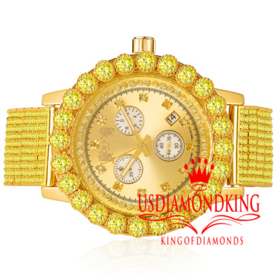 Pre-owned Khronos Canary Solitaire Watch Custom Genuine Diamond Analog Gold Tone Stainless Steel