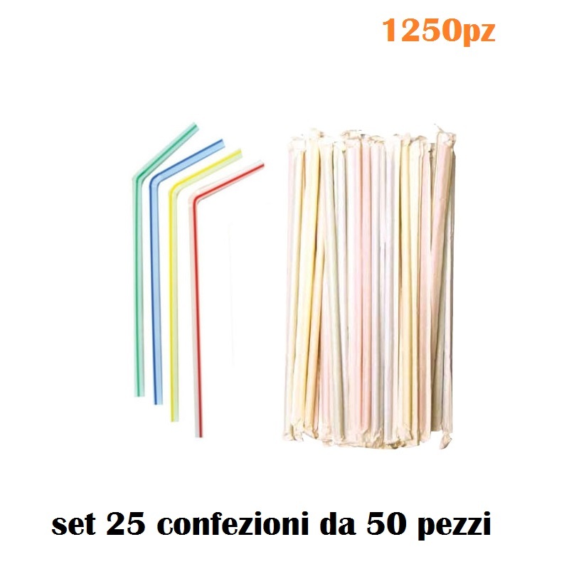 Set 1250 Pezzi Cannucce Imbustate Singolarmente Flessibili Colorate 26cm moc