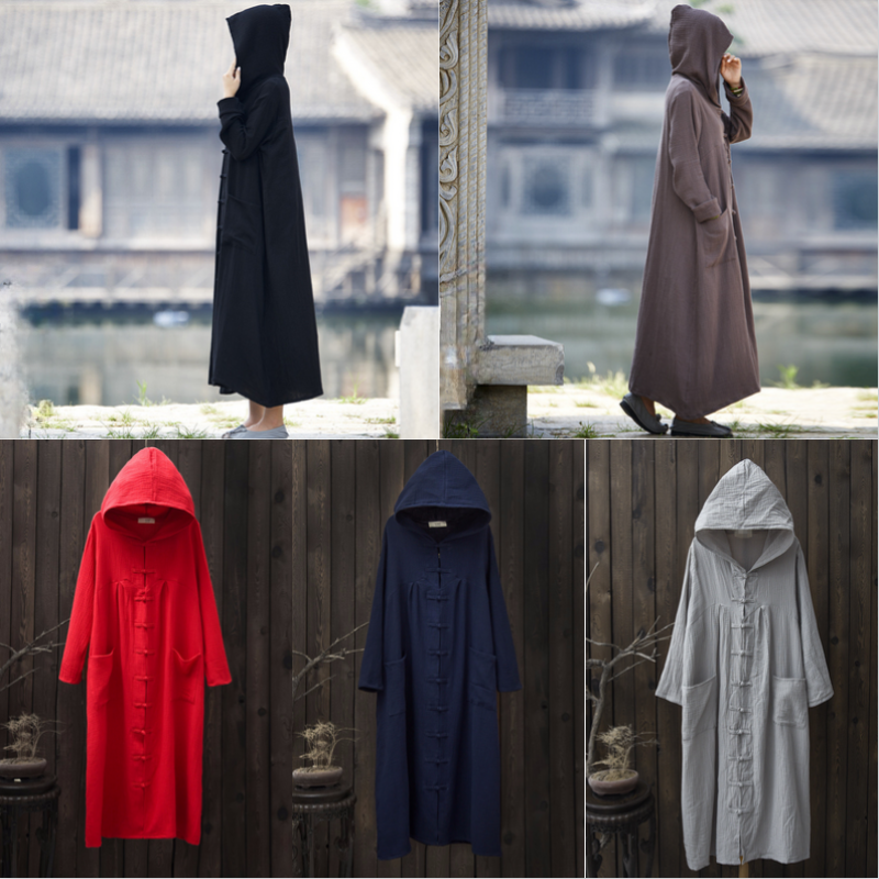 Women Cotton Linen Long Coat Jacket Hooded Cloak Dress Frog Button Loose New