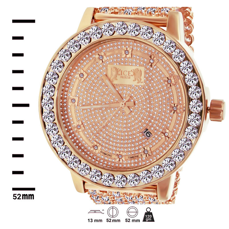 Pre-owned Ice House Mens Sleek Khronos Custom Solitaire Watch Real Diamond Rose Gold Tone Band Bezel