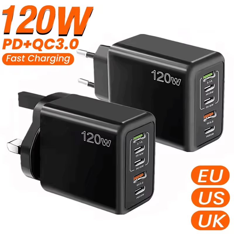 120W USB Charger 5 Ports Type C Fast Charging EU/US/UK Wall Charger Adapter For