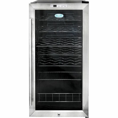 27 Bottle Stainless Steel Wine Cooler, Compact Blue LED Fridge Chiller w/ Lock
