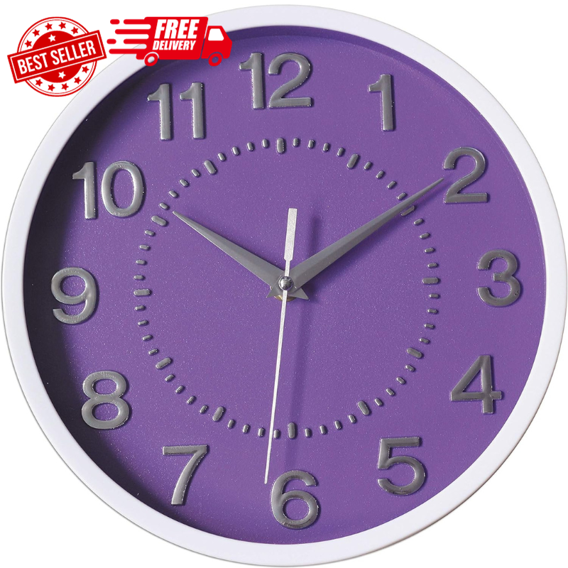 Decor Silent Wall Clock 10 Inches 3D Numbers Non-Ticking Decorative Purple