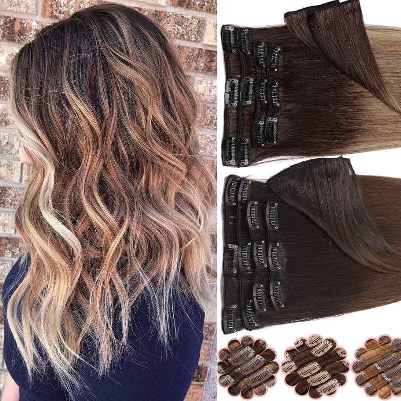 CLEARANCE Ombre Clip In 100% Real Human Hair Extensions Weft 8 Pieces Full Head