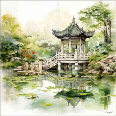 Temple Tile Backsplash Roozbeh Bahramali Landscape Art Ceramic Mural OB-ROZ664