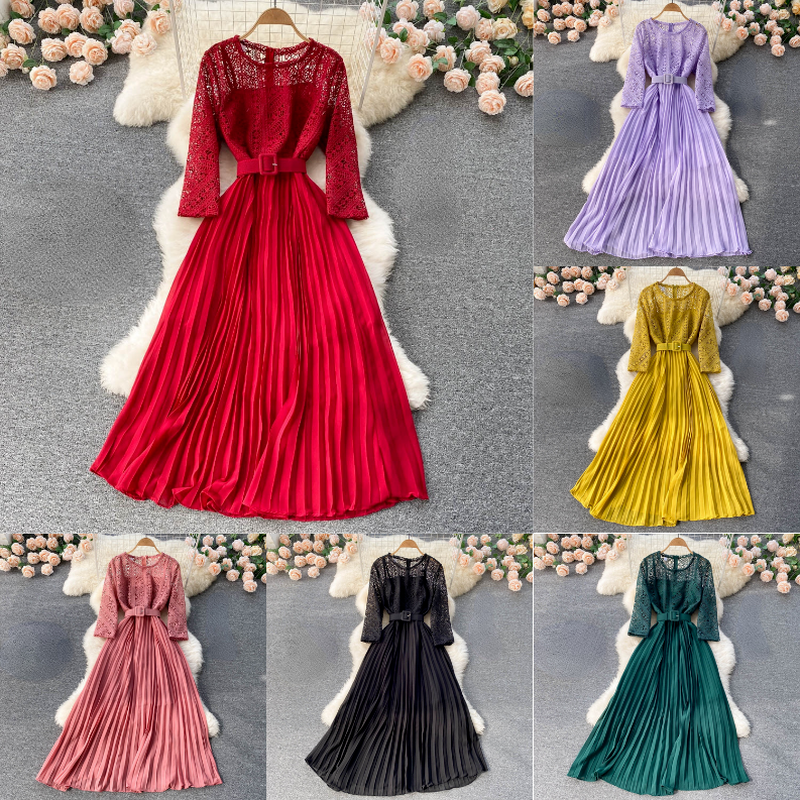 Women Floral Lace Dress Chiffon Pleated Hollow Out A-line with Belt Elegant