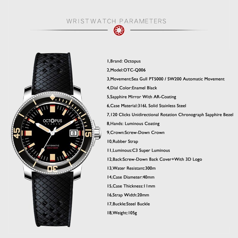 Pre-owned Octopus Men Automatic Watch 30bar Diver Mechanical Lume Pt5000 Sapphire Bezel