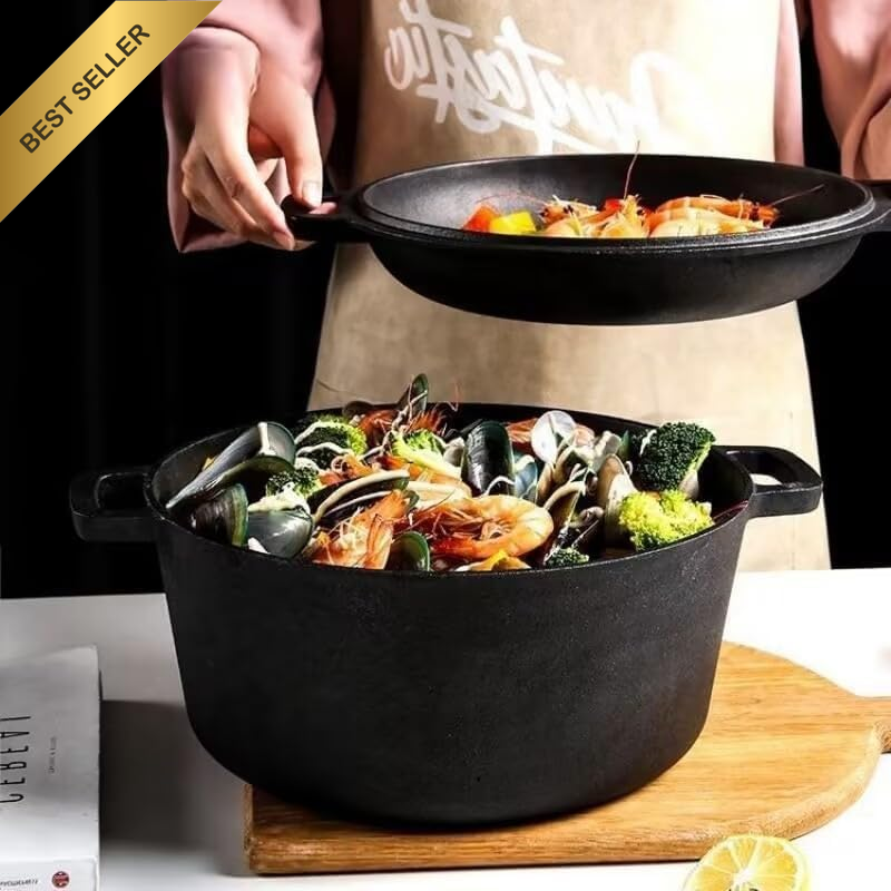 6L Cast Iron Pot with Functional Pan Lid – 2-In-1 Dutch Oven & Skillet Combo, He