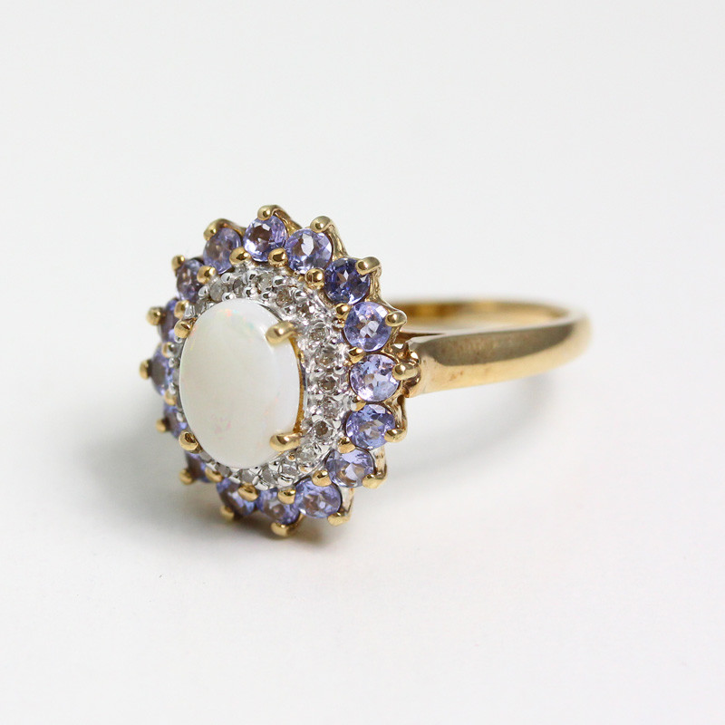 Unique 10k Yellow Gold Opal, Tanzanite & Diamond Ring - Size 7
