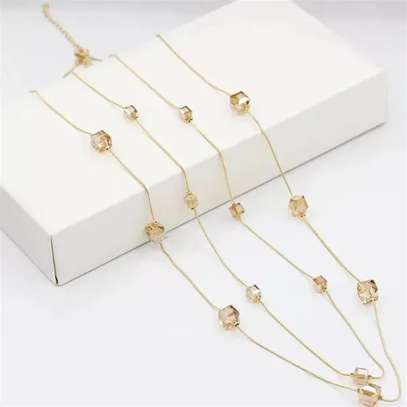 Women'S Square Long Chain Sweater Necklace Fashion Jewelry Double Long Tassel Necklace