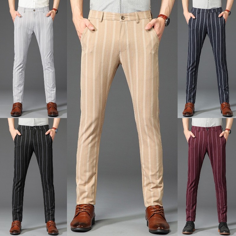 Mens Striped Suit Pants Trousers Stretch Slim Fitted Casual Smart Business