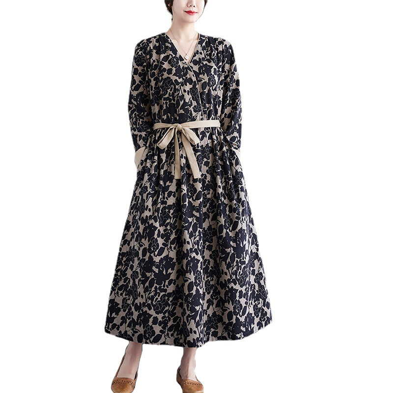 Damen Ethnisch Blumenmuster Maxikleid Langärmelig V-Ausschnitt Schnürer A-Linie