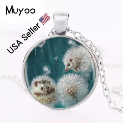 New Vintage Dandelion Hedgehog Pendant Necklace Cabochon Long SilverChain Unisex