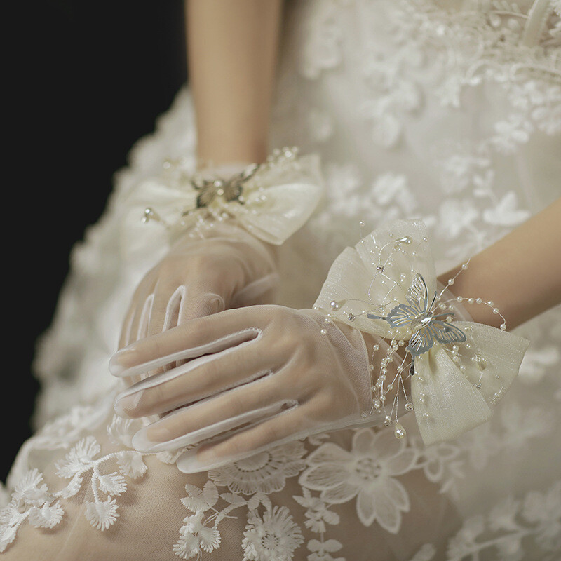 1 Pair Bride Wedding Dress Short Gloves Butterfly Full Finger Mesh Mittens Party