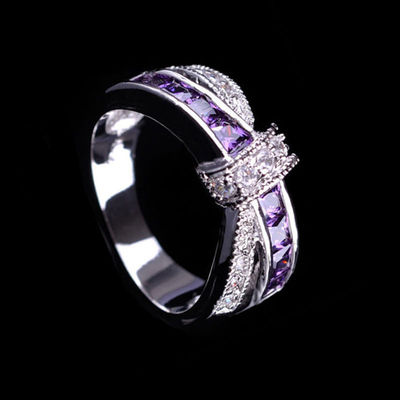 925 Silver Amethyst Fashion purple nice women Crystal cross Rings Jewelry