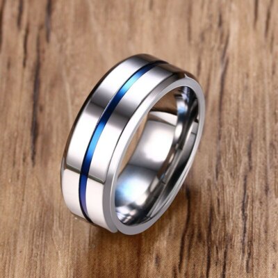 Titanium Steel Thin Blue Line Polished Smooth Wedding Engagement Band Rings