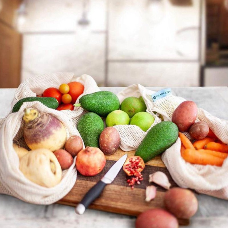 2 Stück Baumwoll-Mix Mesh Kordelbeutel Gemüse Obst Einkauf Aufbewahrung Beige