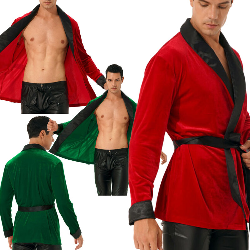 US Mens Christmas Smoking Robe Jacket Long Sleeve Velvet Kimono Bathrobe +Belt