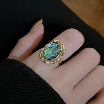 Rotatable Double Sided Opal Ring Women Stainless Steel Geometric Statement