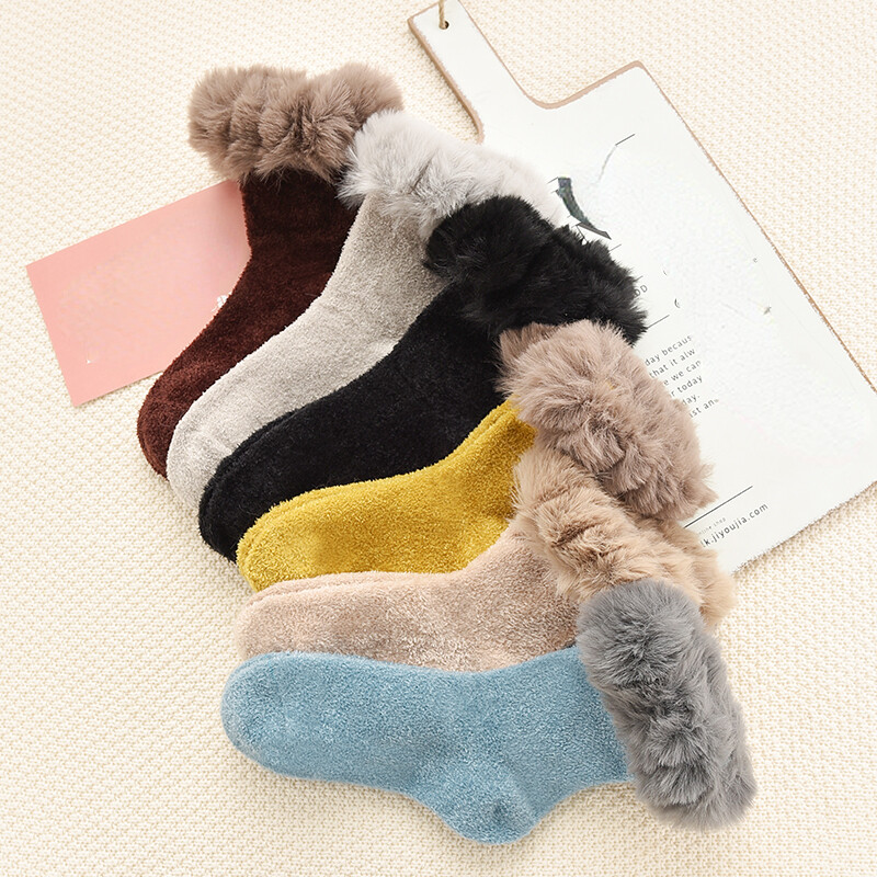 1 Pair Women Soft Fluffy Fleece Boot Socks Faux Fur Top Warm Bed Socks Winter
