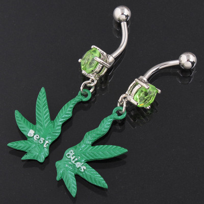 Belly Bar Navel Ring Pot Weed Leaf Dangle BEST BUDS FRIENDS