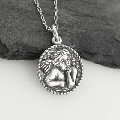 Round Cherub Angel Charm Necklace - 925 Sterling Silver - Guardian Angels Gift