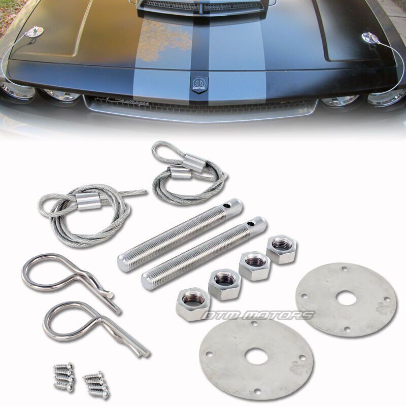 Racing Style Stainless Steel Mount Hood Pin Pins Plate Bonnet Lock Kit Universal