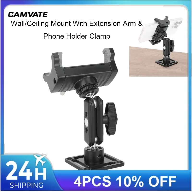 Wall/Ceiling Mount With Smartphone Holder Clamp with Mini Ball Head Extension Ar