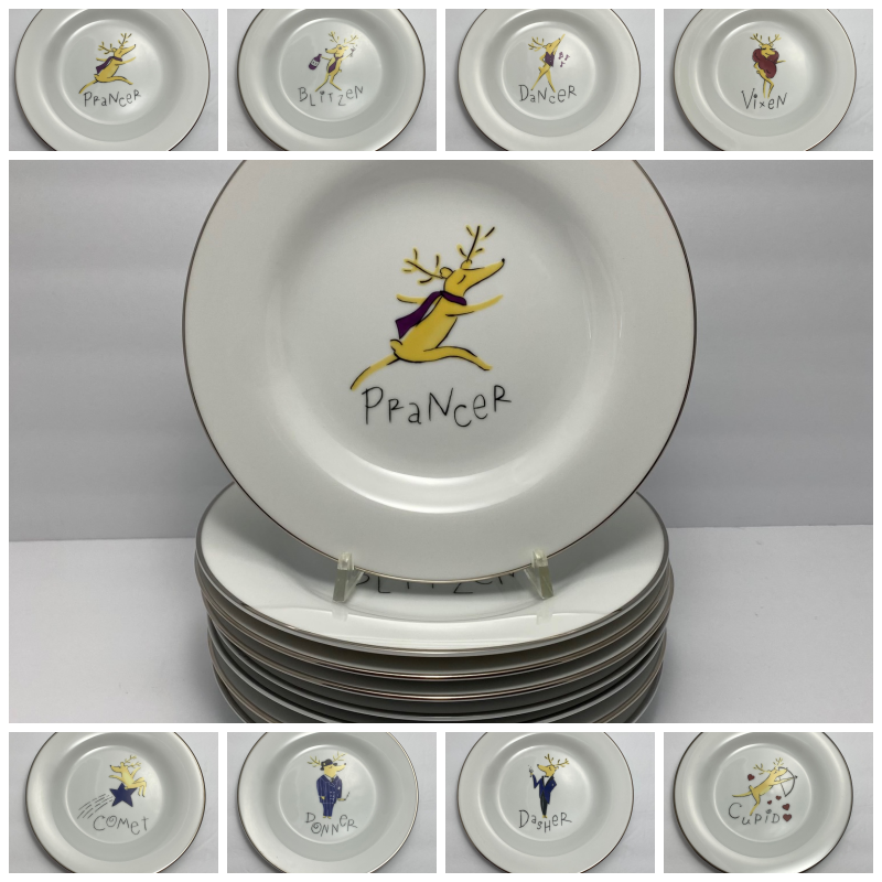 Full Set of 8 Pottery Barn Reindeer Salad Plates | 8.5 in | Platinum Trim