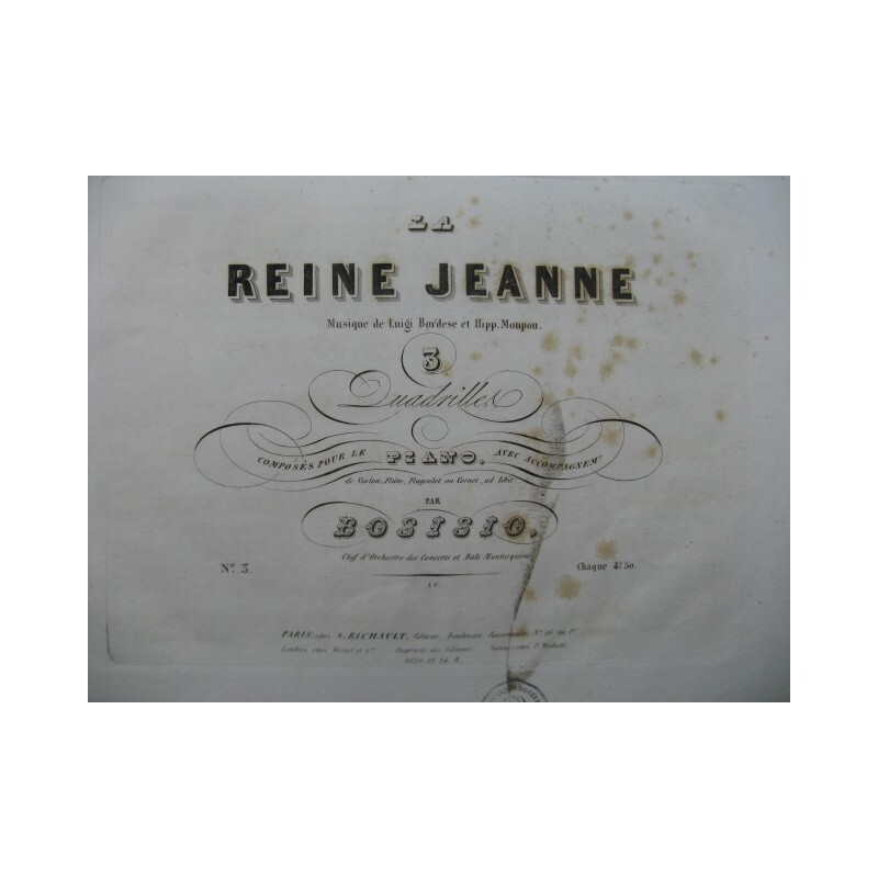 Bosisio La Reine Jeanne Quadrille Piano Ca1845