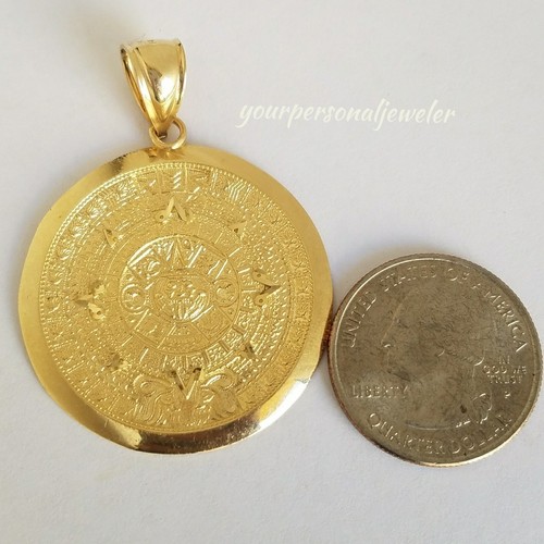 Pre-owned Handmade Larg Big Solid Real 14k Yellow Gold Aztec Sun Calendar Pendant Charm 1.90" Long
