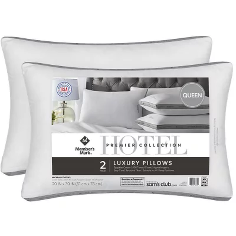 Member'S Mark Hotel Premier Collection Bed Pillows, 2 Pack (Assorted Sizes)
