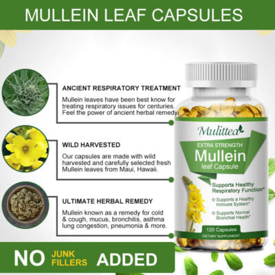 Mulittea Mullein Leaf Capsules | 1000mg | 120 Count | Support Lung Cleanse